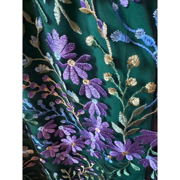 Maggie London Green Floral Embroidered Ruffle Sleeveless A-Line Midi Dress 10 - Picture 8 of 10